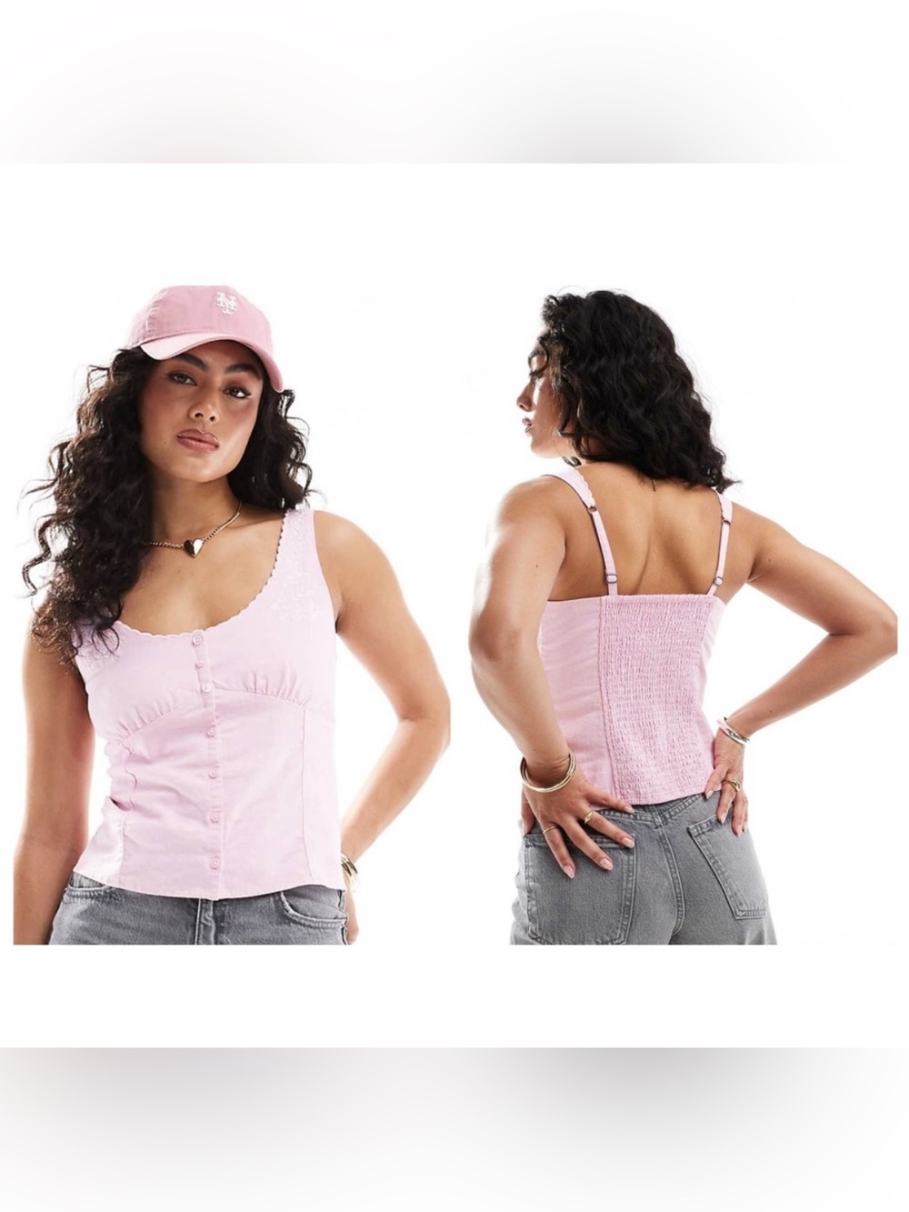 Hollister Linen Blend Button Through Floral Pink Tank Top Tee Embroidered Medium